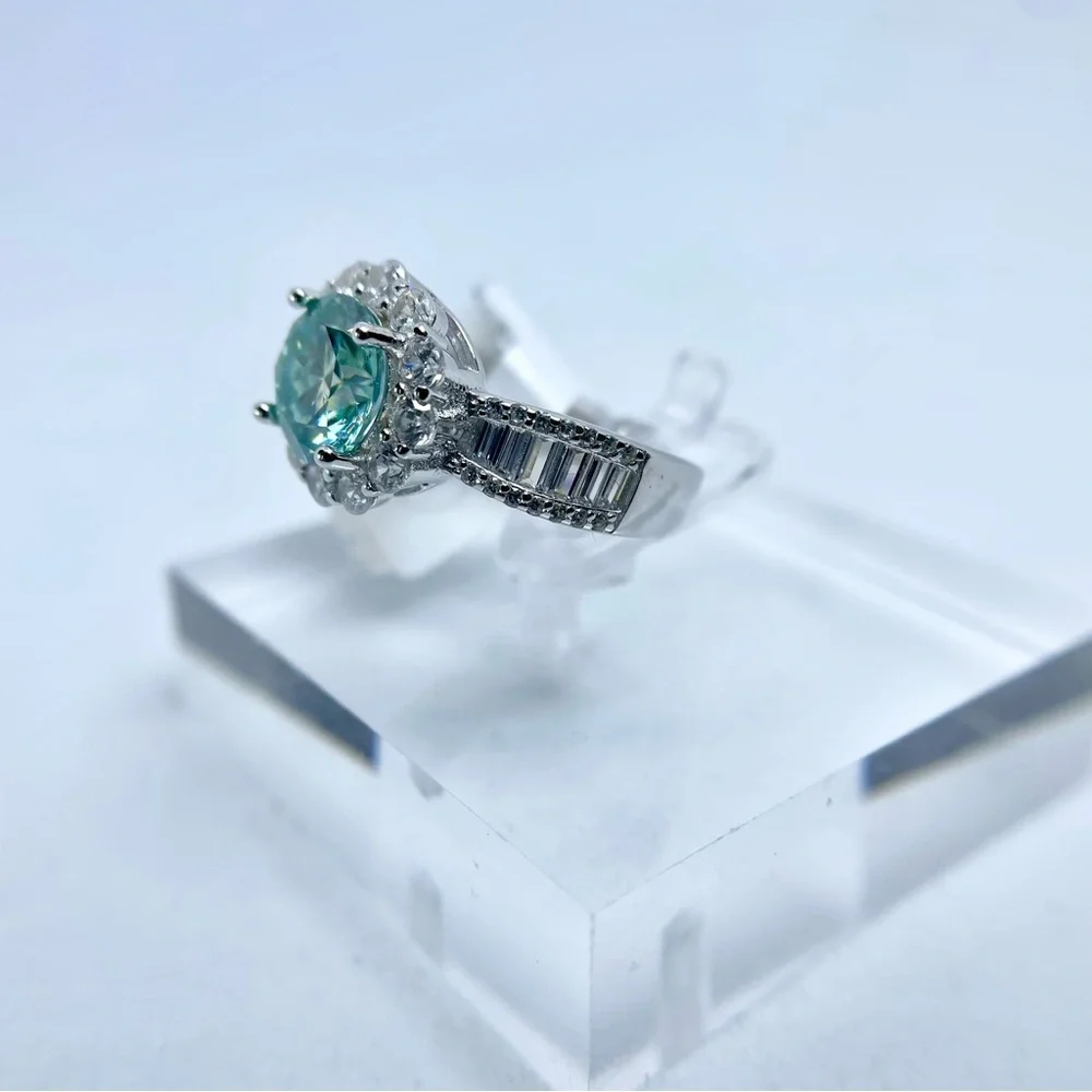 Moissanite Halo Ring Aqua Blue Center & Baguette Accents 18K White Gold Finish - Picture 7 of 16